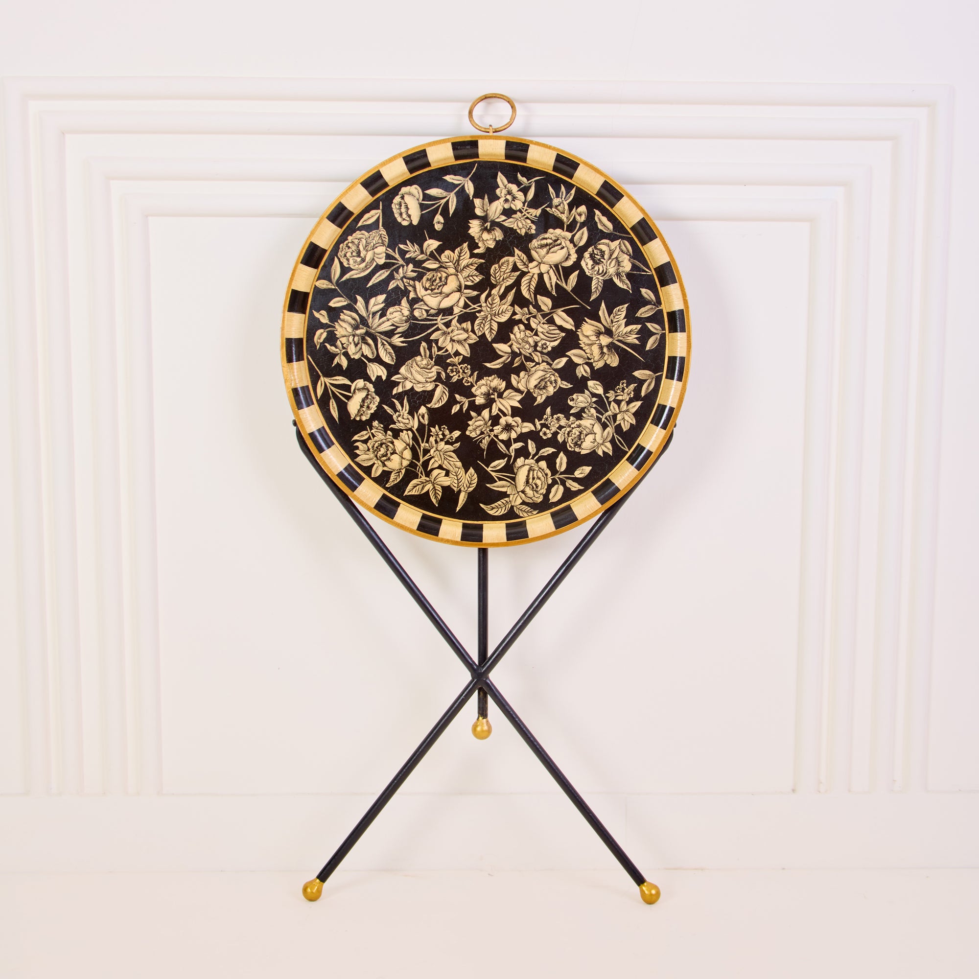 Peony Black Hand-Painted Round Foldable Metal Tray Table