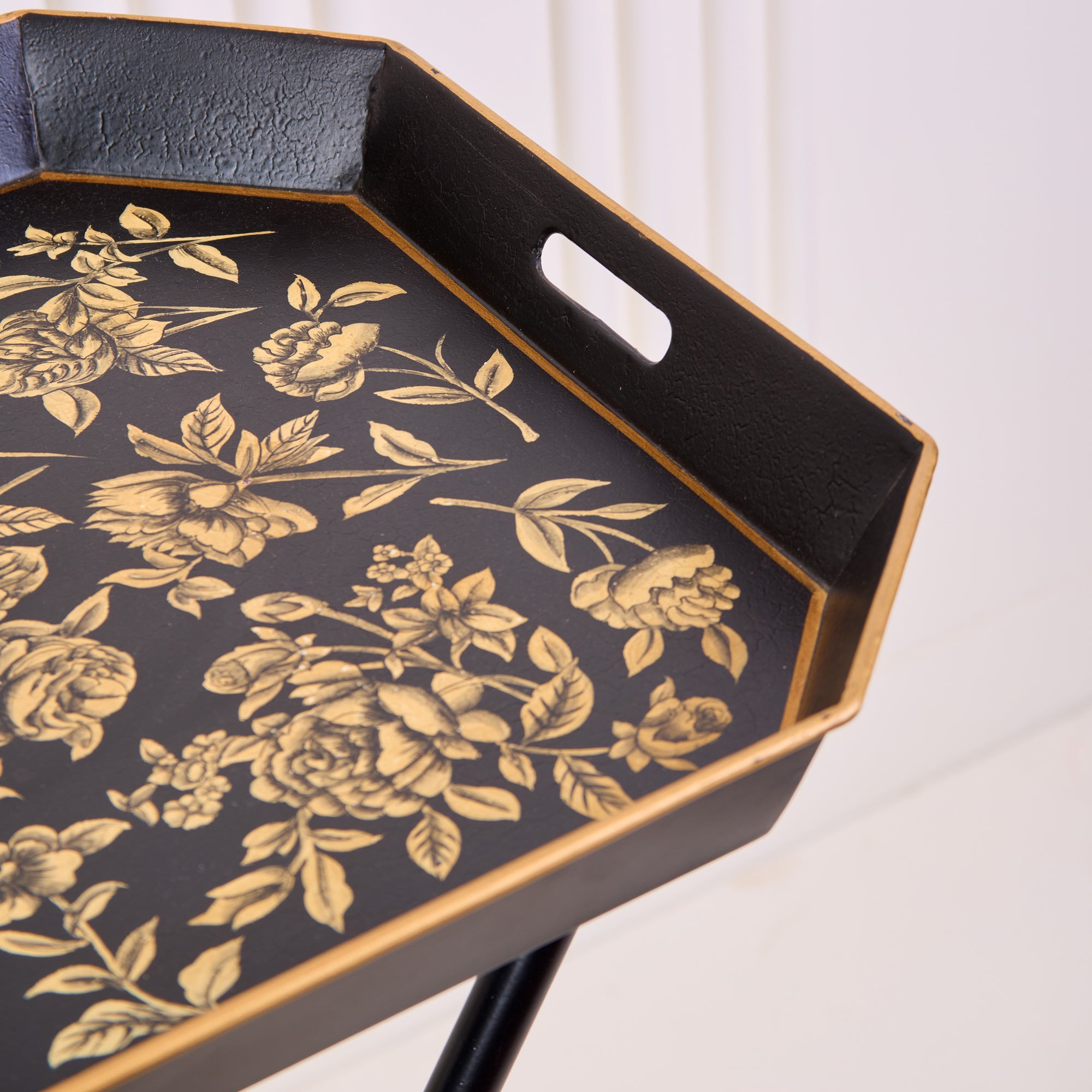 Peony Black Hand-Painted Rectangular Metal Tray with Attached Stand
