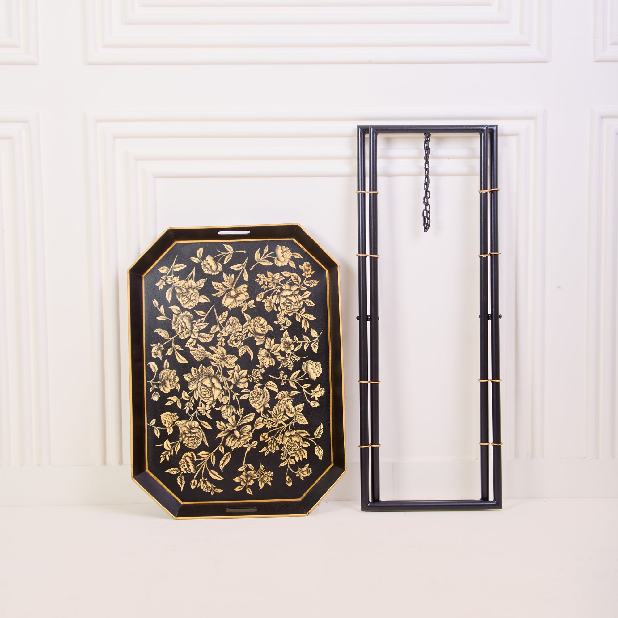 Peony Black Hand-Painted Rectangular Metal Tray with Attached Stand
