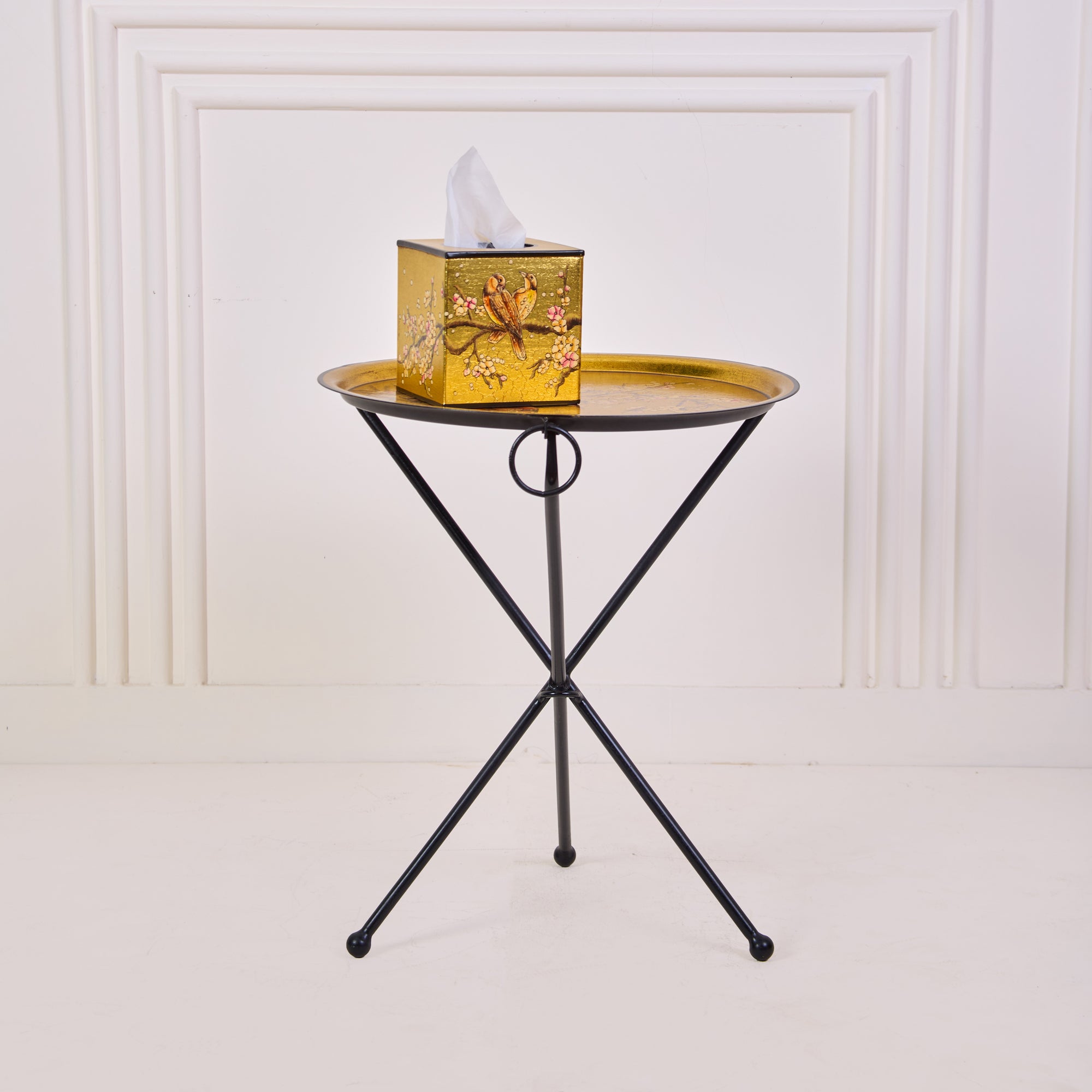 Sakura Black &amp; Gold Hand-Painted Round Foldable Metal Tray Table