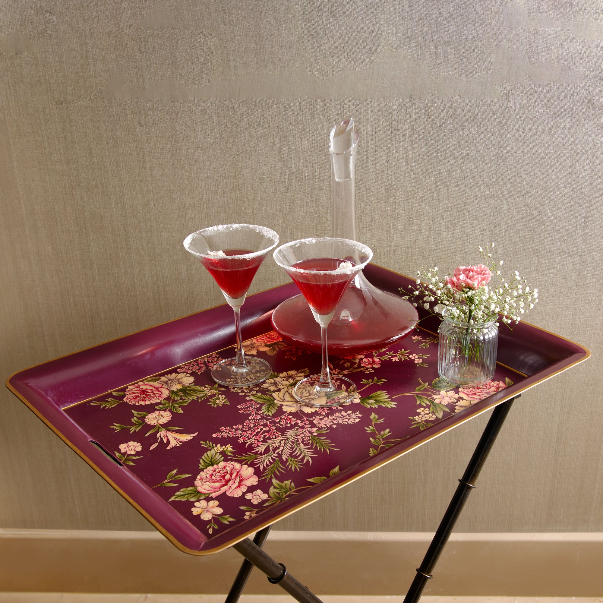 Rosa Maroon Hand-Painted Rectangular Foldable Metal Tray Table