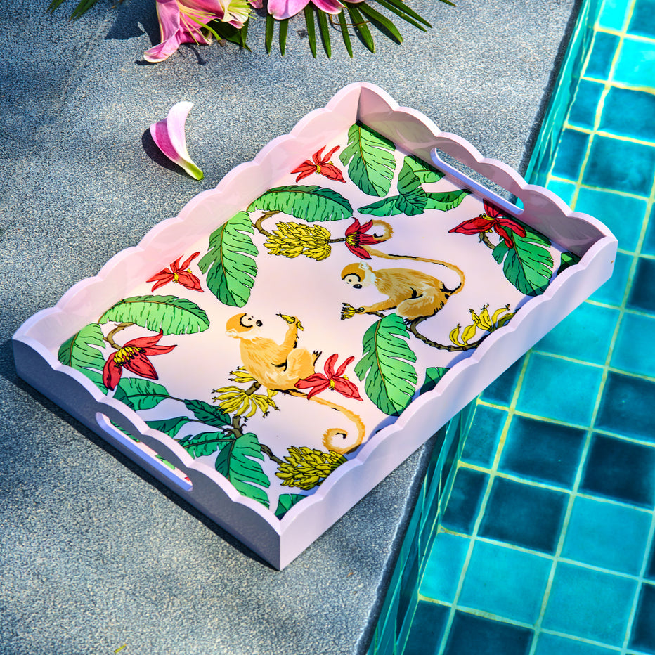 Monkeys In Mischief Pink Hand-Painted Rectangular Wooden Serving Tray ...