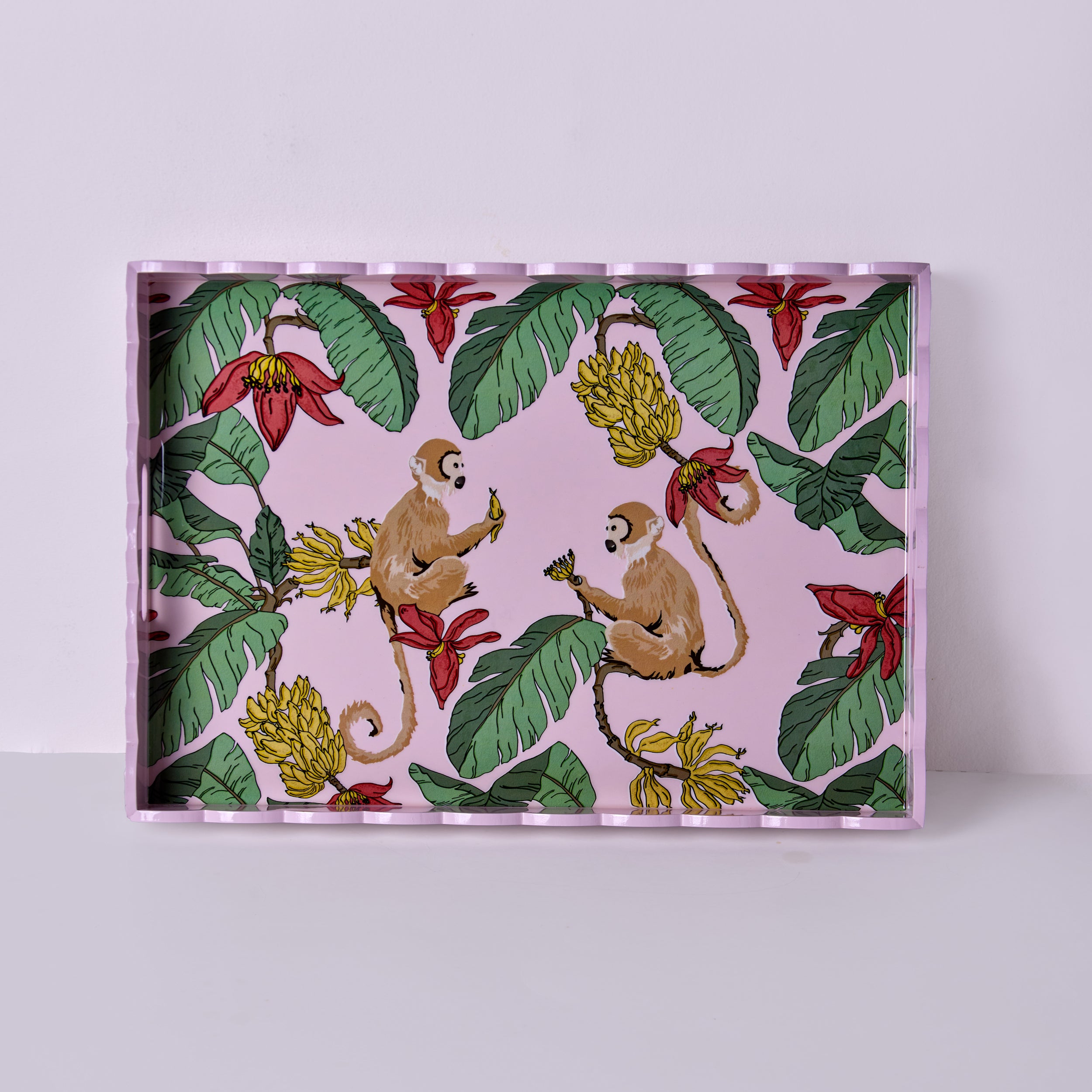 Monkeys In Mischief Pink Hand-Painted Rectangular Wooden Serving Tray ...