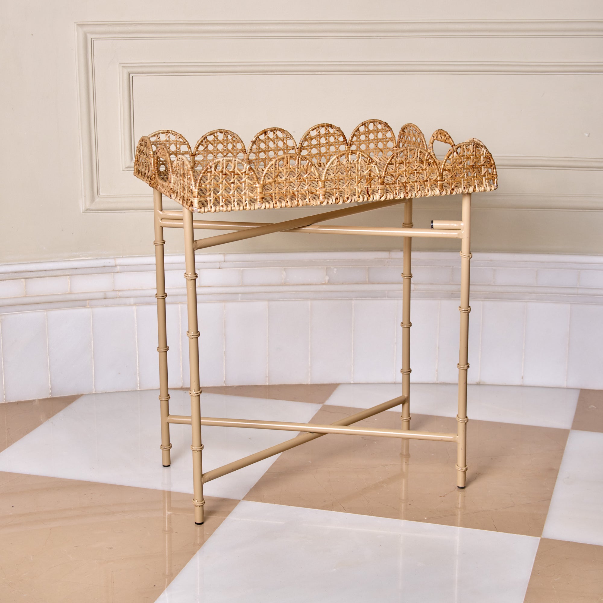 Rattan Scalloped Rectangular Side Table