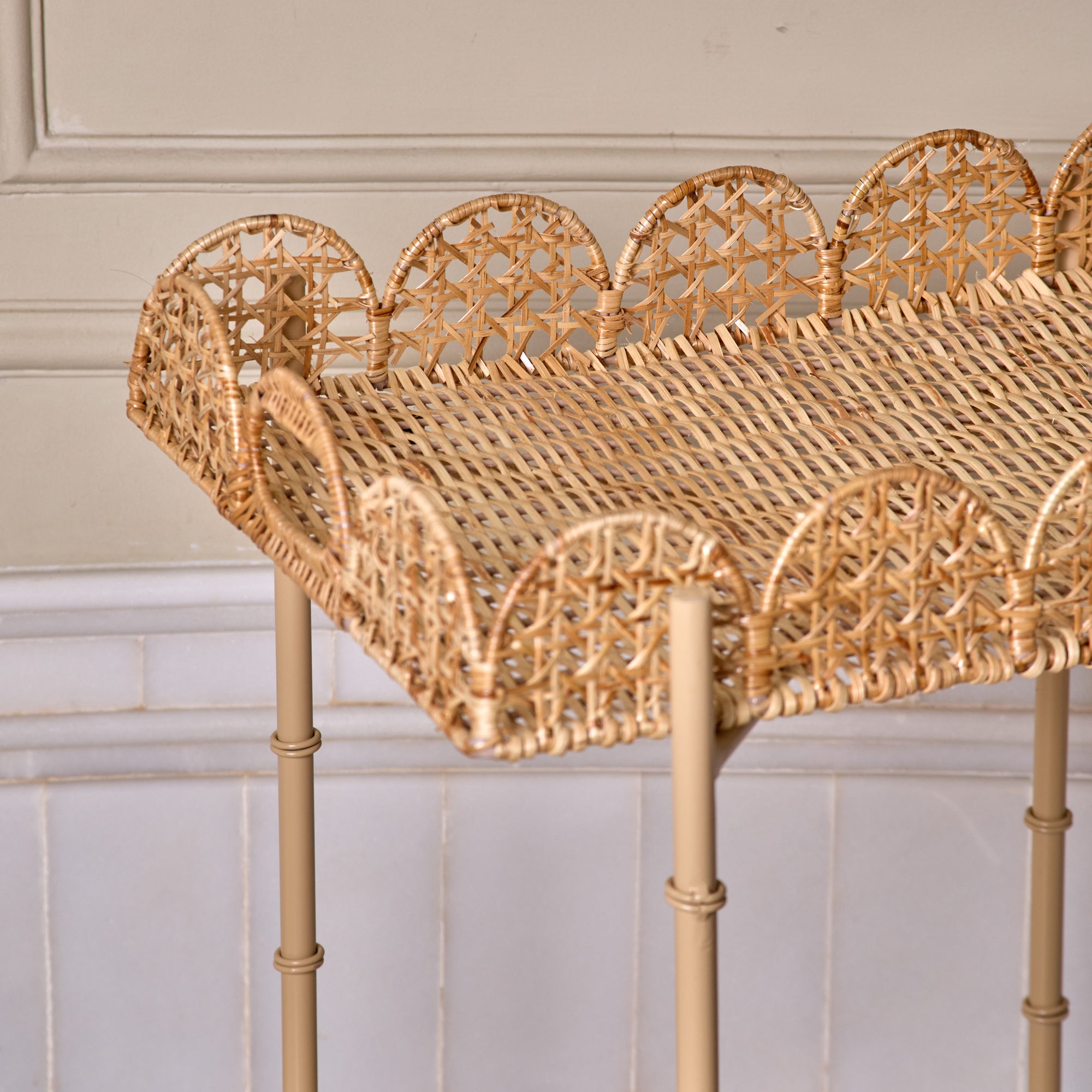 Rattan Scalloped Rectangular Side Table