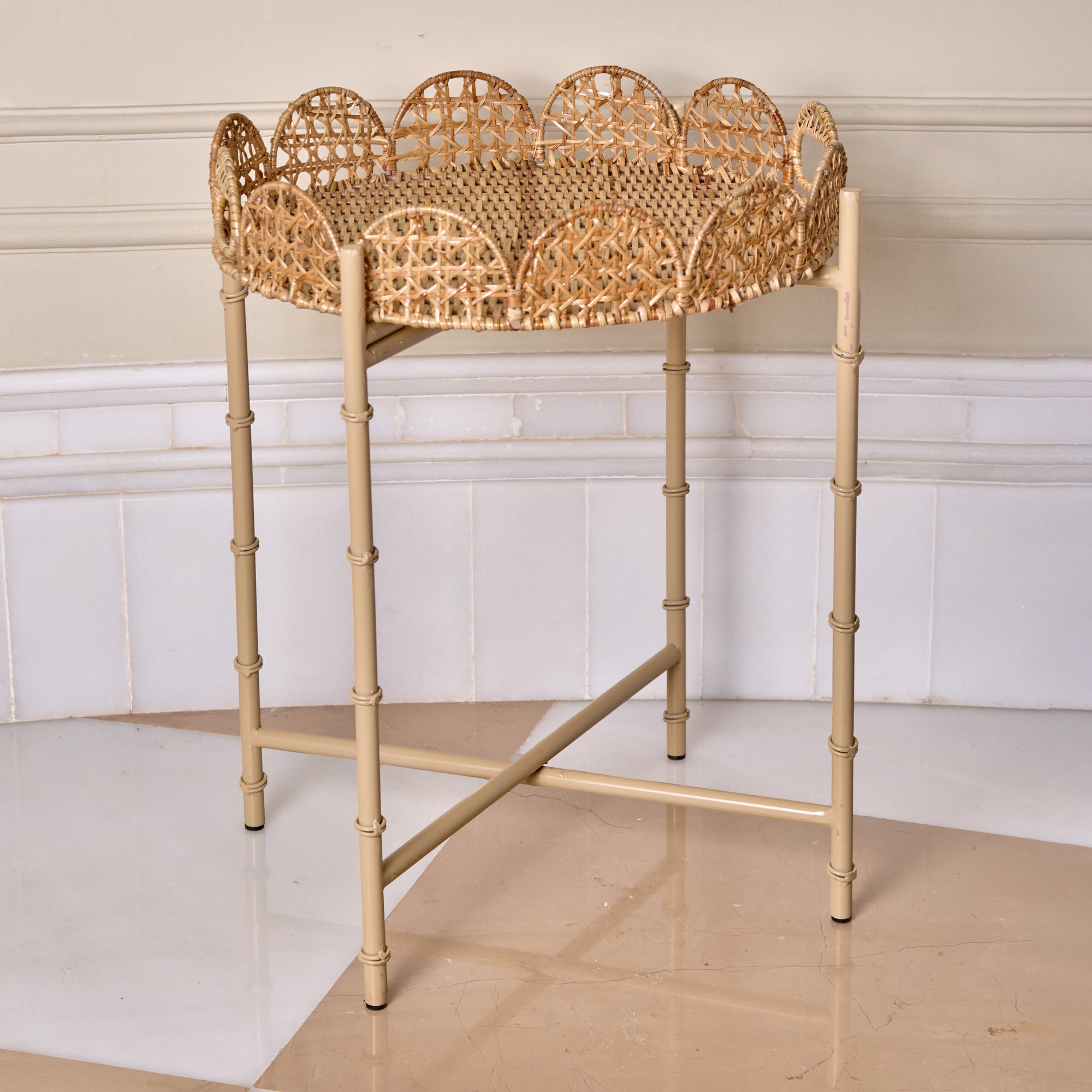 Handwoven Rattan Scalloped Round Side Table