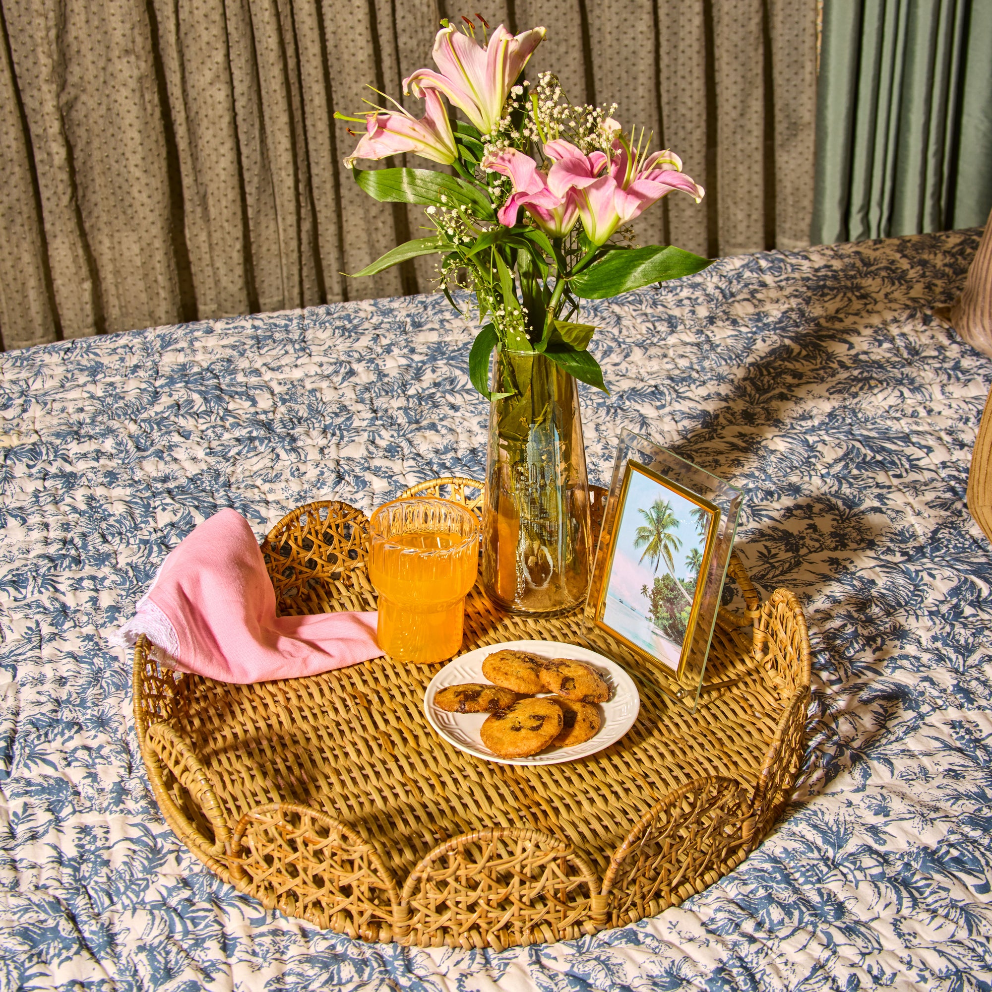 Handwoven Rattan Scalloped Round Side Table
