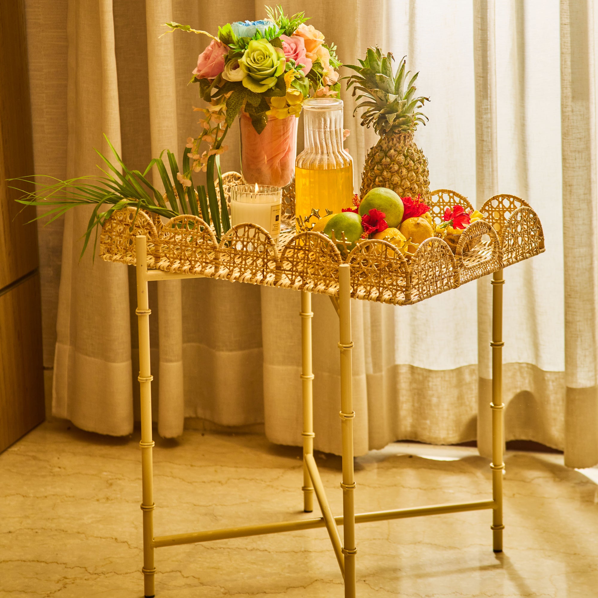 Rattan Scalloped Rectangular Side Table
