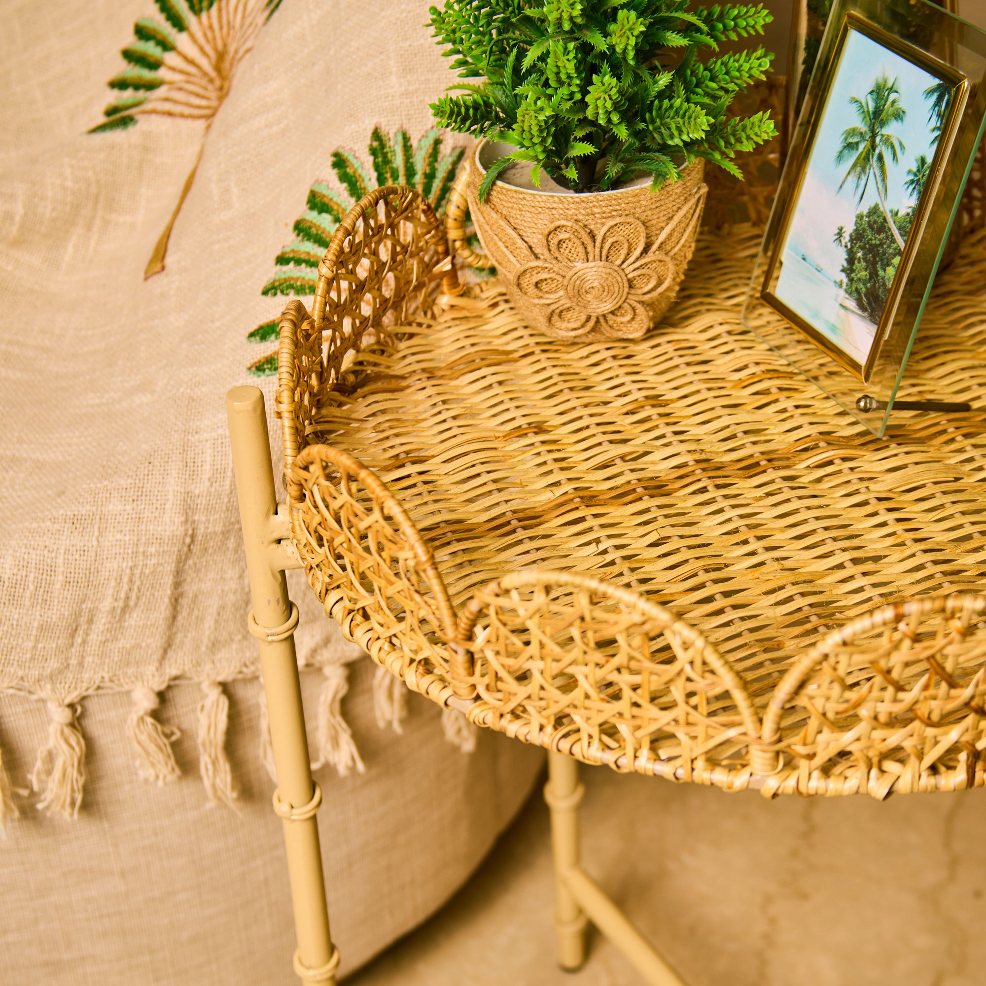 Handwoven Rattan Scalloped Round Side Table