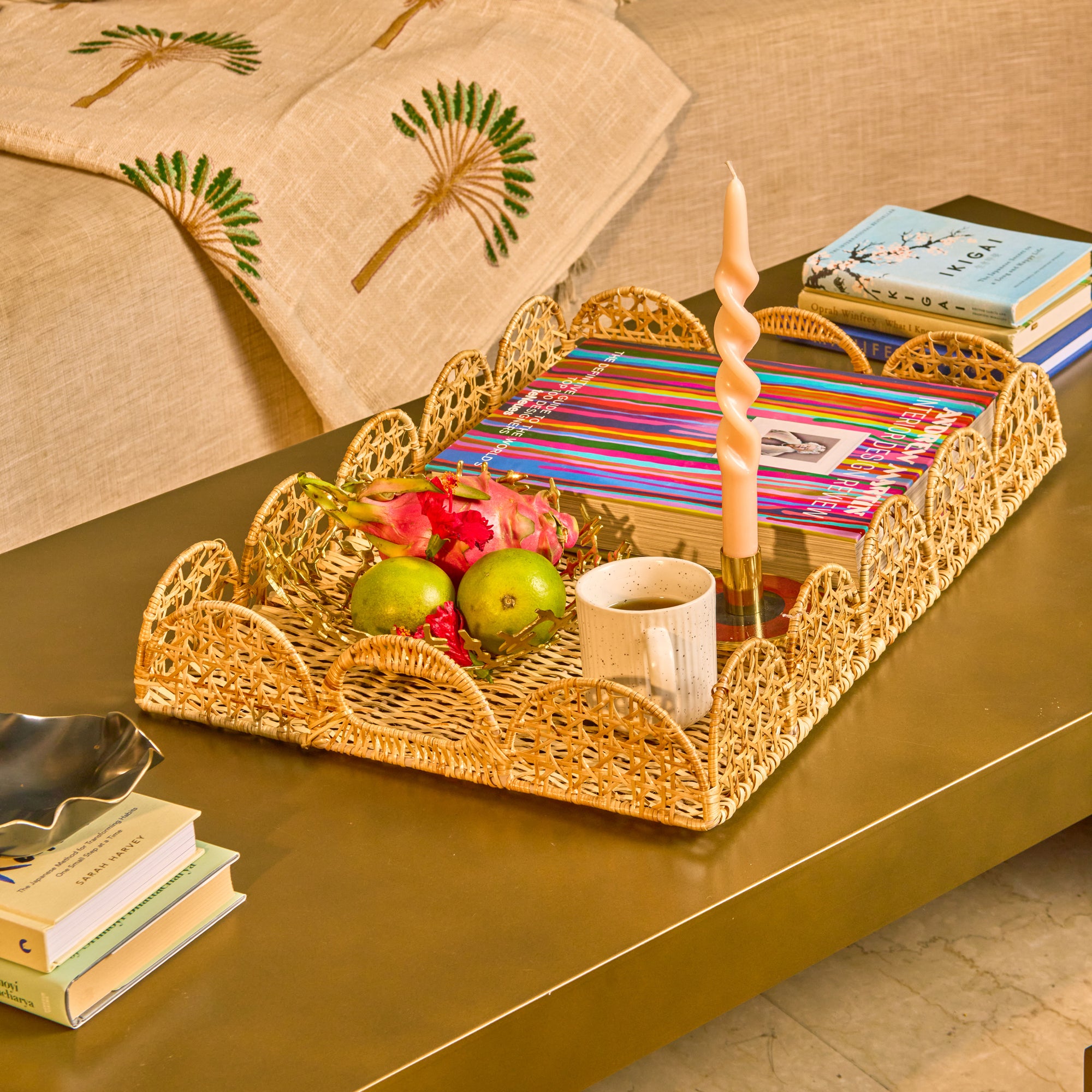 Rattan Scalloped Rectangular Side Table