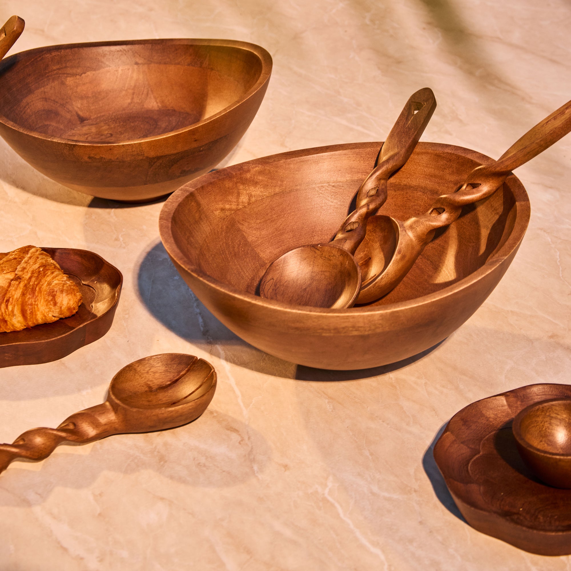 Nami Brown Wooden Salad Bowl with Matching Servers