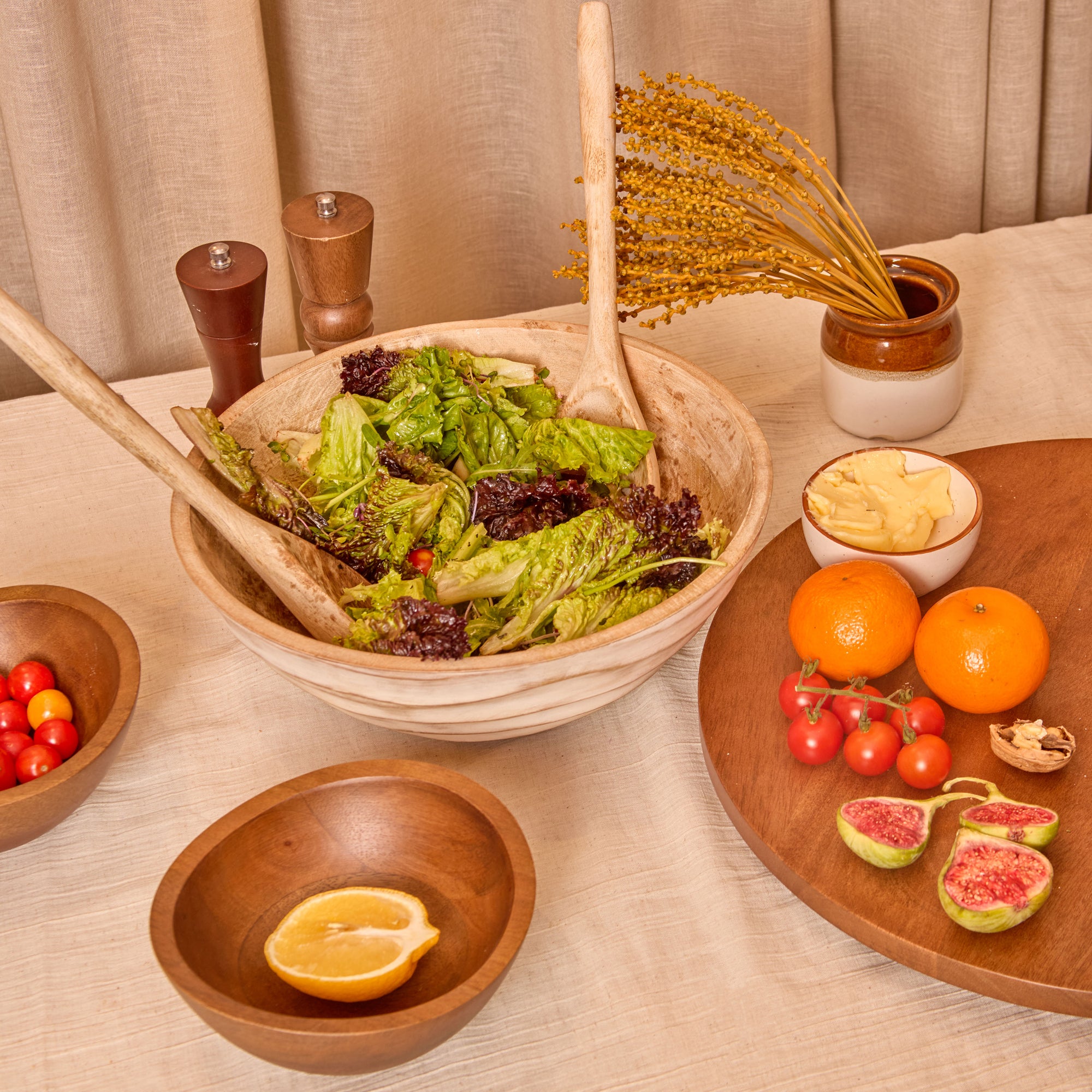 Umi Brown Wooden Salad Bowl with Matching Servers
