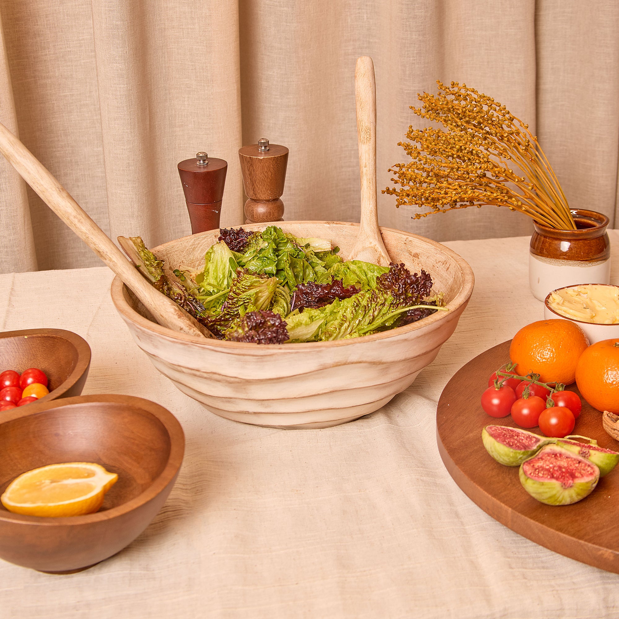 Umi Brown Wooden Salad Bowl with Matching Servers