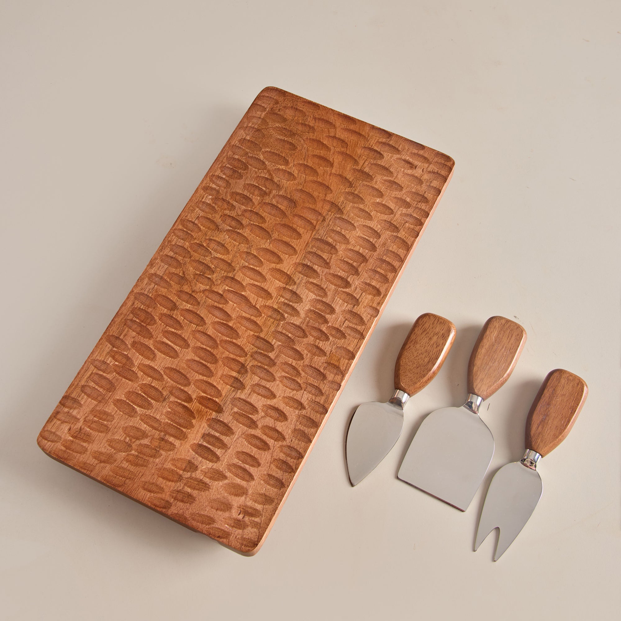 Moku Brown Rectangular Wooden Serving Platter &amp; Cheese Knives Set