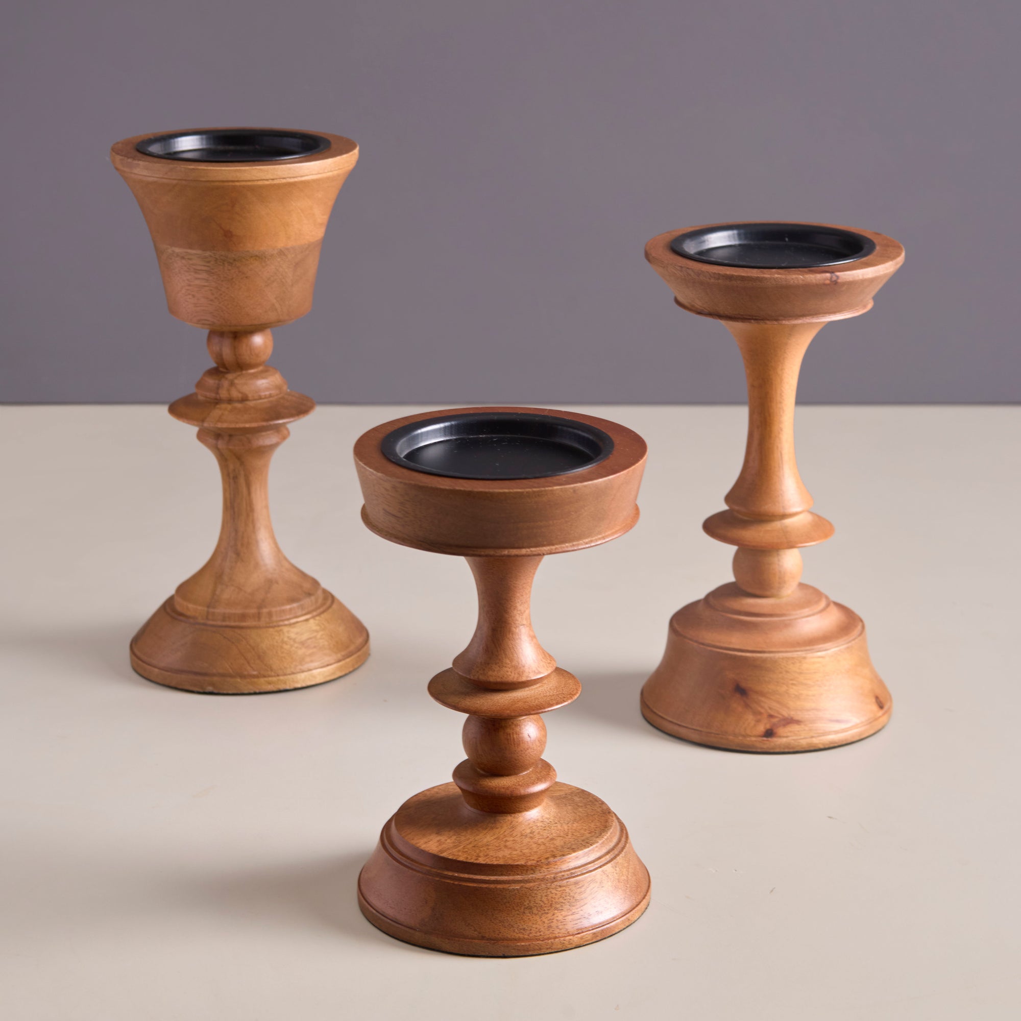 Hikari Brown Wooden Candle Holders - Set of 3