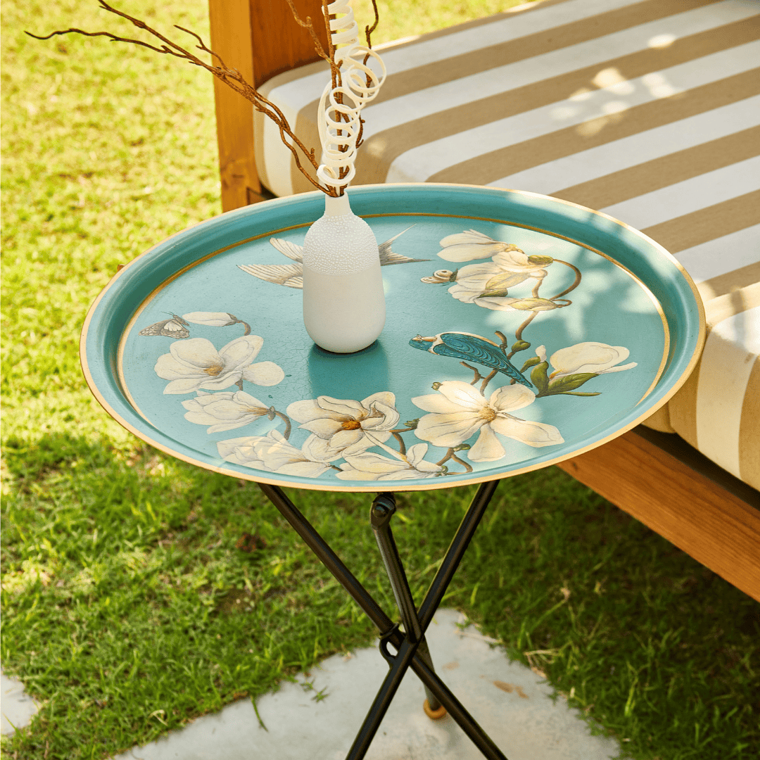 Magnolia Light Blue Hand-Painted Round Foldable Metal Tray Table