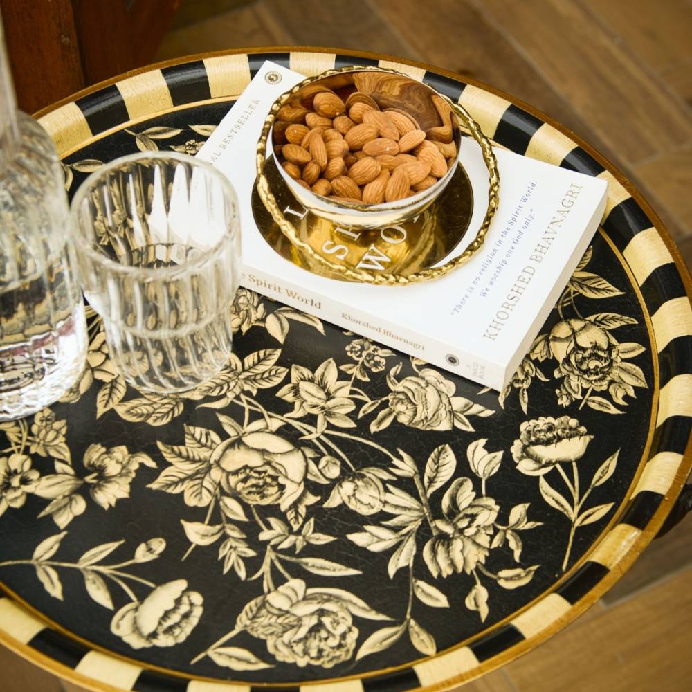 Peony Monochrome Handpainted Butler Tray (Round)