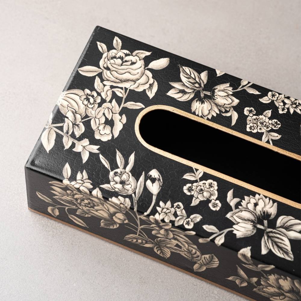 Peony Monochrome Handpainted Tissue Box Cover - Rectangle (With Base)