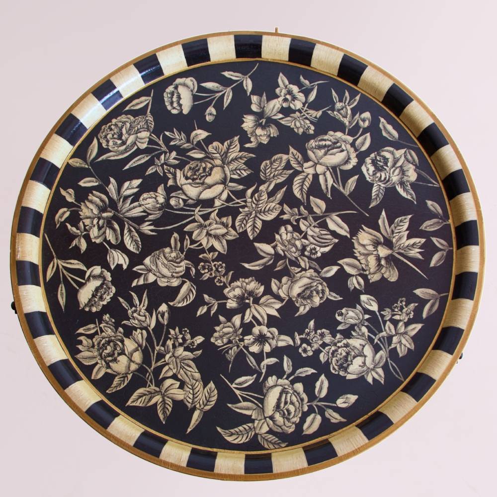 Peony Monochrome Handpainted Butler Tray (Round)
