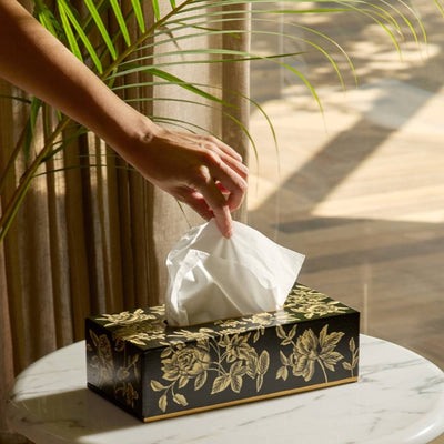 Peony Monochrome Handpainted Tissue Box Cover - Rectangle (With Base)