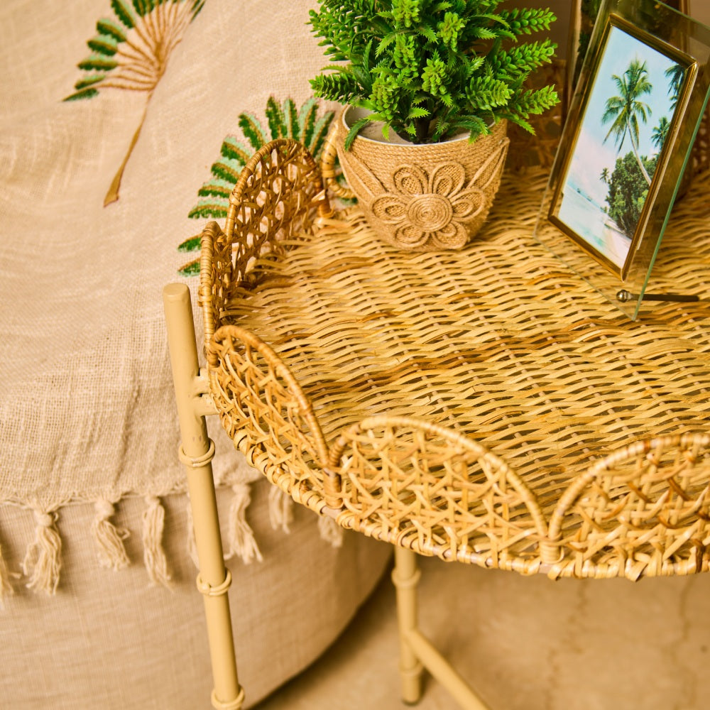 Handwoven Rattan Scalloped Side Table - Round
