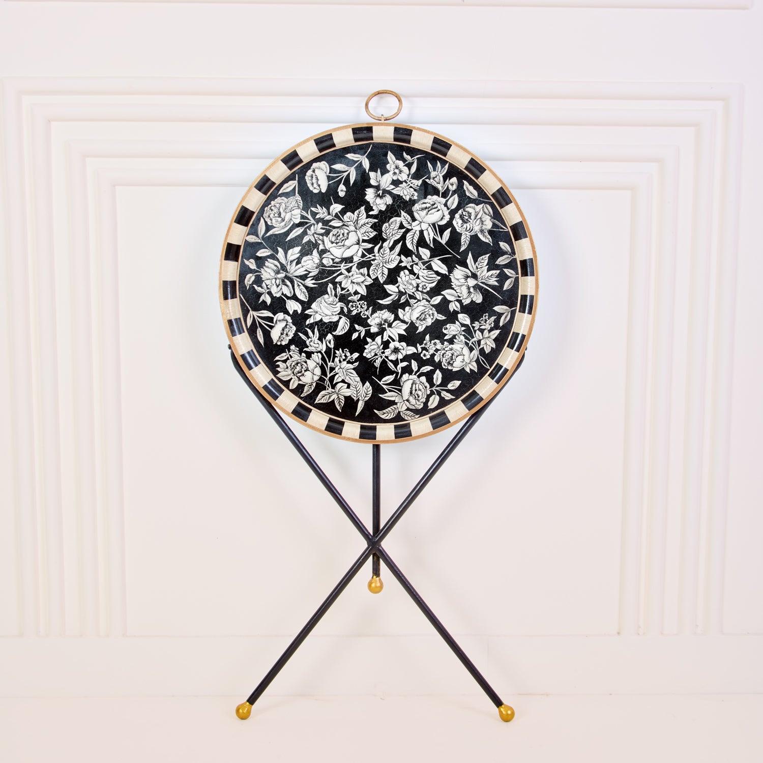 Peony Black Hand-Painted Round Foldable Metal Tray Table