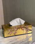 Sakura Gold Hand-Painted Rectangular Metal Tissue Box Cover