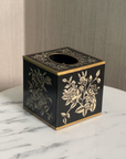Peony Black Hand-Painted Square Metal Tissue Box Cover