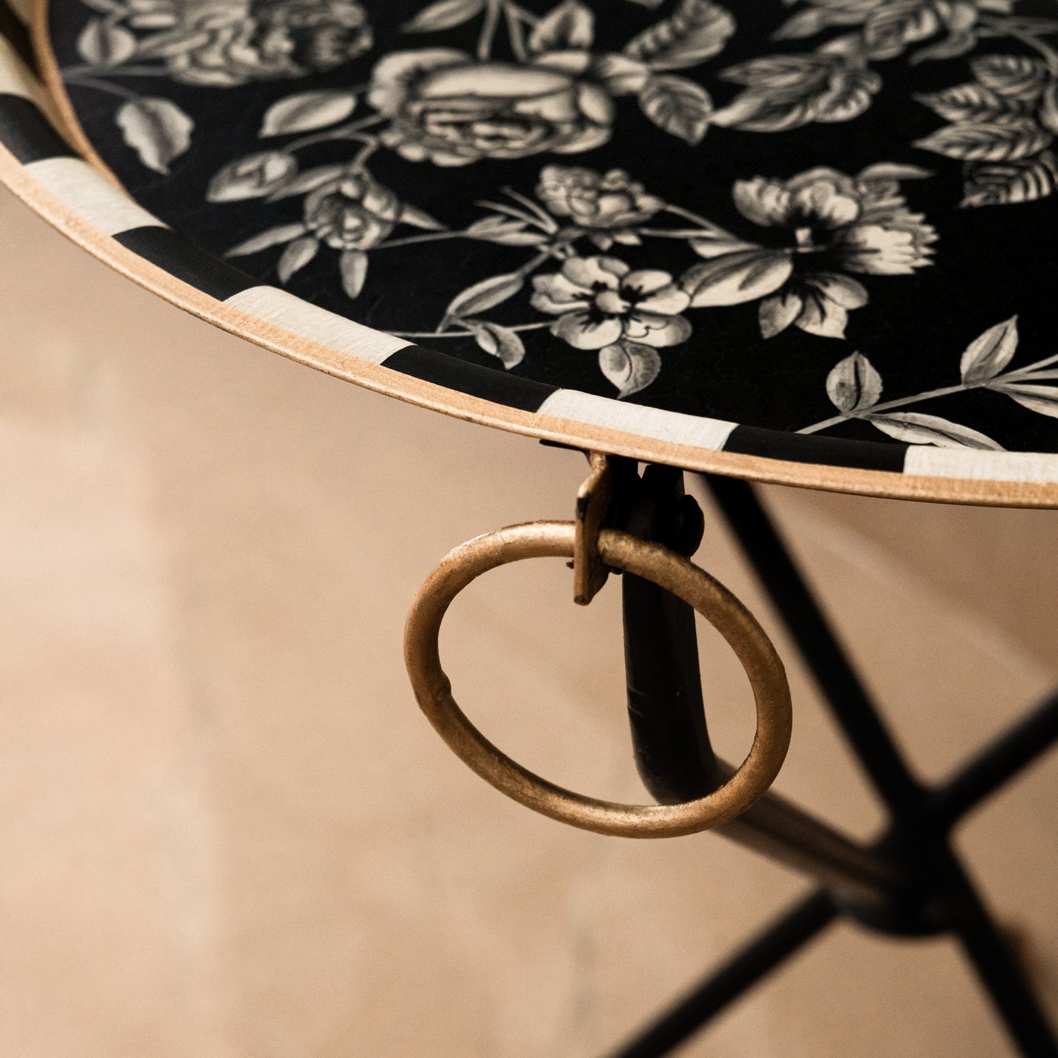Peony Black Hand-Painted Round Foldable Metal Tray Table